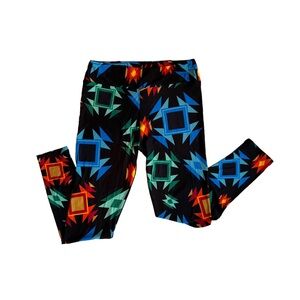 LuLaRoe Black Leggings with Blue Green and Orange Geometric Pattern
